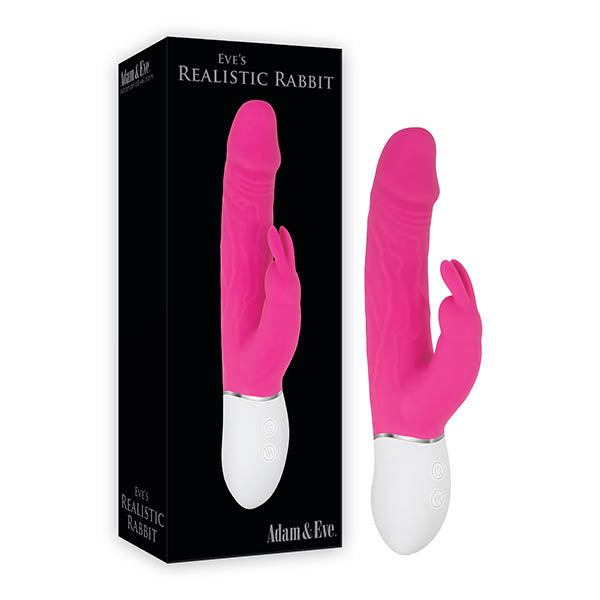 USB rechargeable rabbit vibrator in a vibrant pink color, featuring a realistic design and separate controls for shaft and ears.