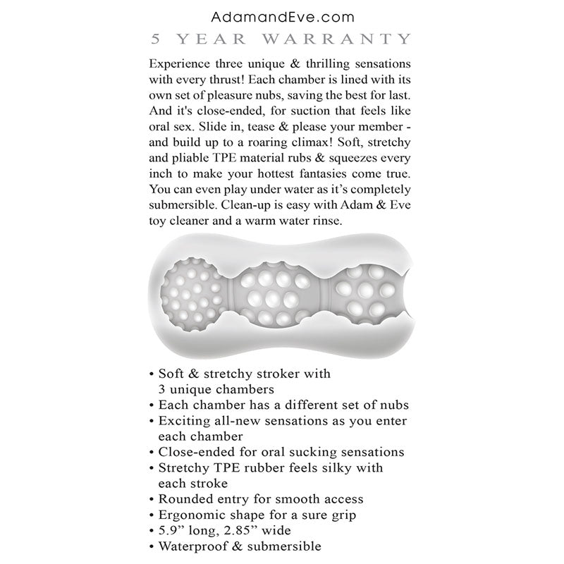 Adam & Eve Triple Chamber Ball Drainer -  Masturbator Sleeve features unique sensations with nubs and is waterproof for pleasure.