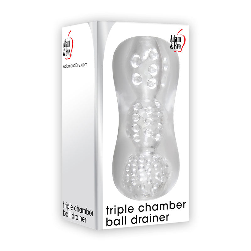 Adam & Eve Triple Chamber Ball Drainer -  Masturbator Sleeve packaging featuring a clear design with pleasure nubs.