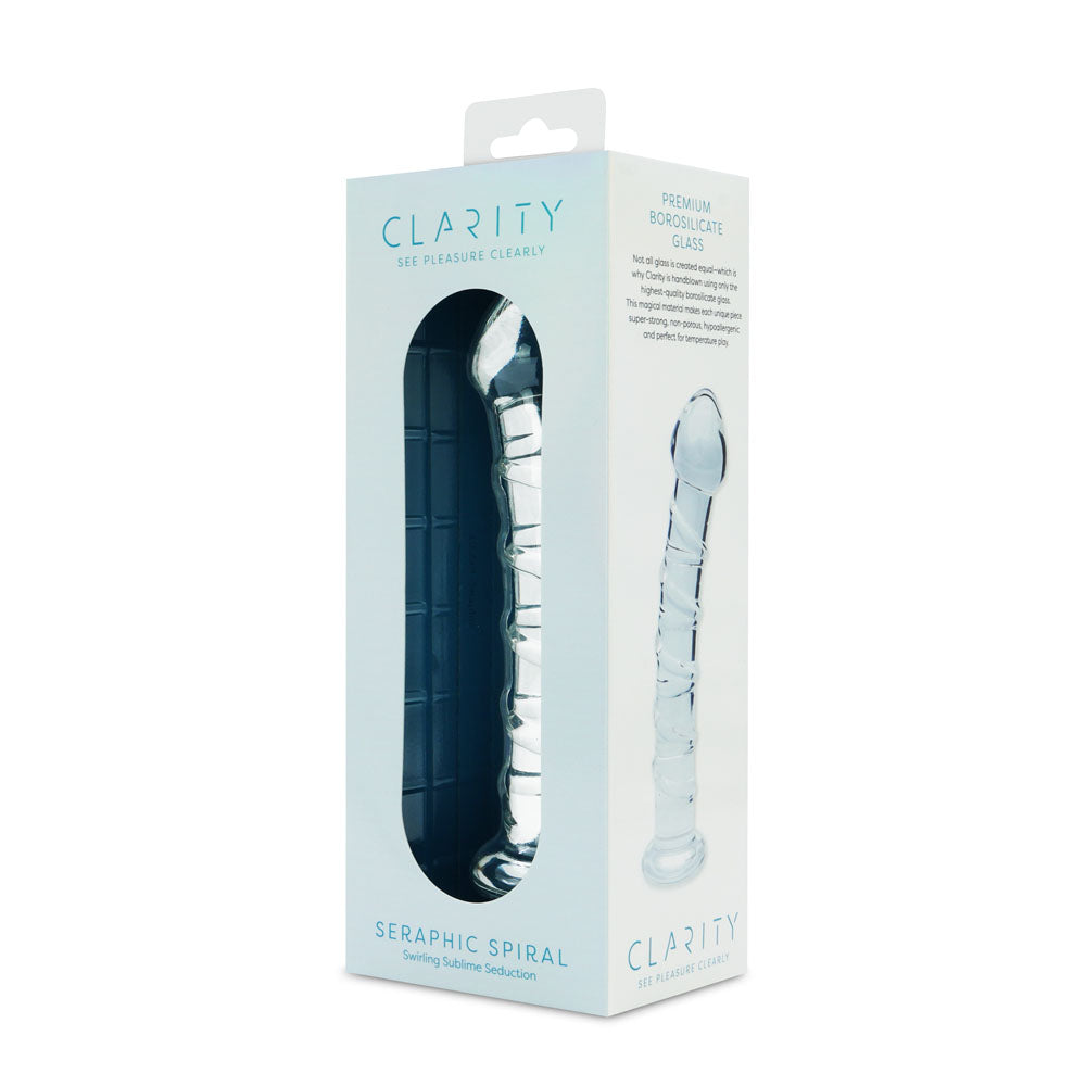 Clarity - Seraphic Spiral - 16 cm Glass Dildo in premium packaging showcasing artistic design and distinctive spiral texture.