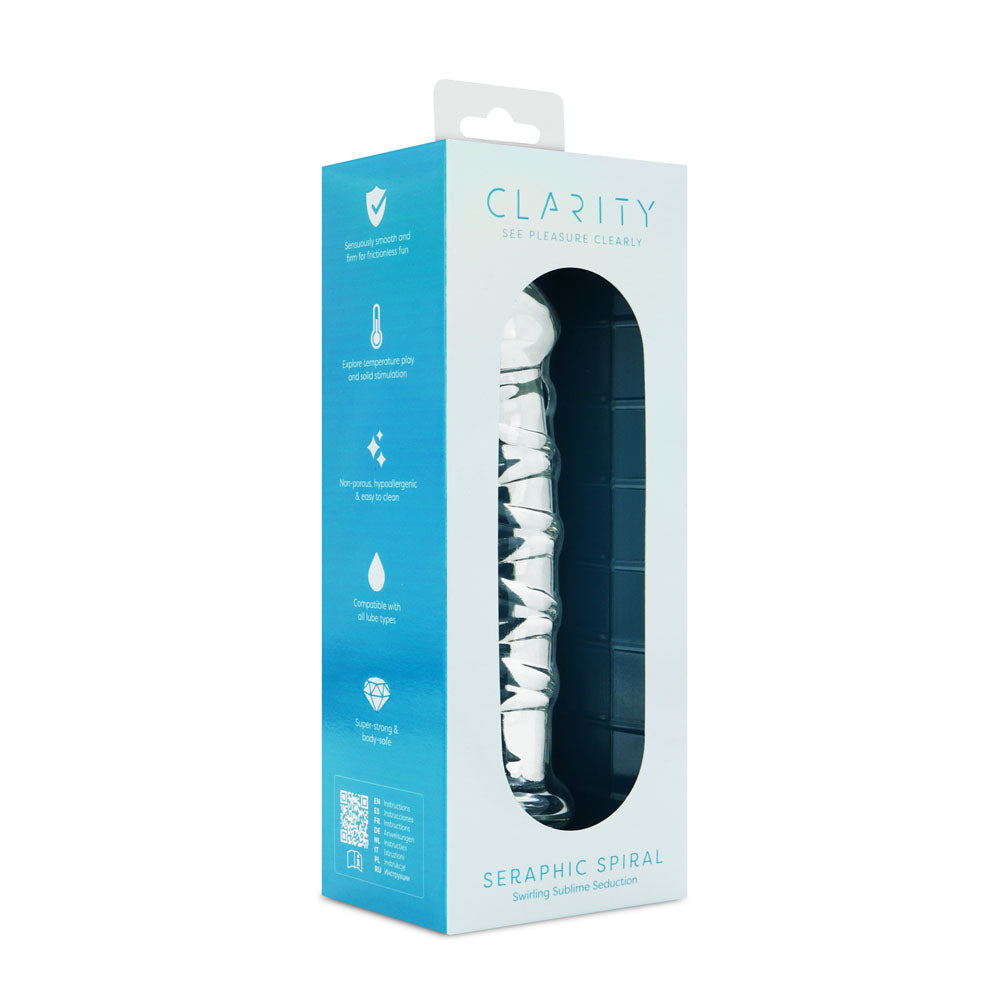 Clarity - Seraphic Spiral - 16 cm Glass Dildo packaging showcasing its artistic design for intimate essentials.