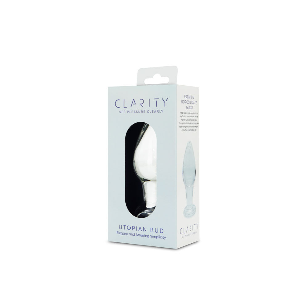 Clarity - Utopian Bud -  8.9 cm Glass Butt Plug packaging showcasing its elegant design and simplicity.