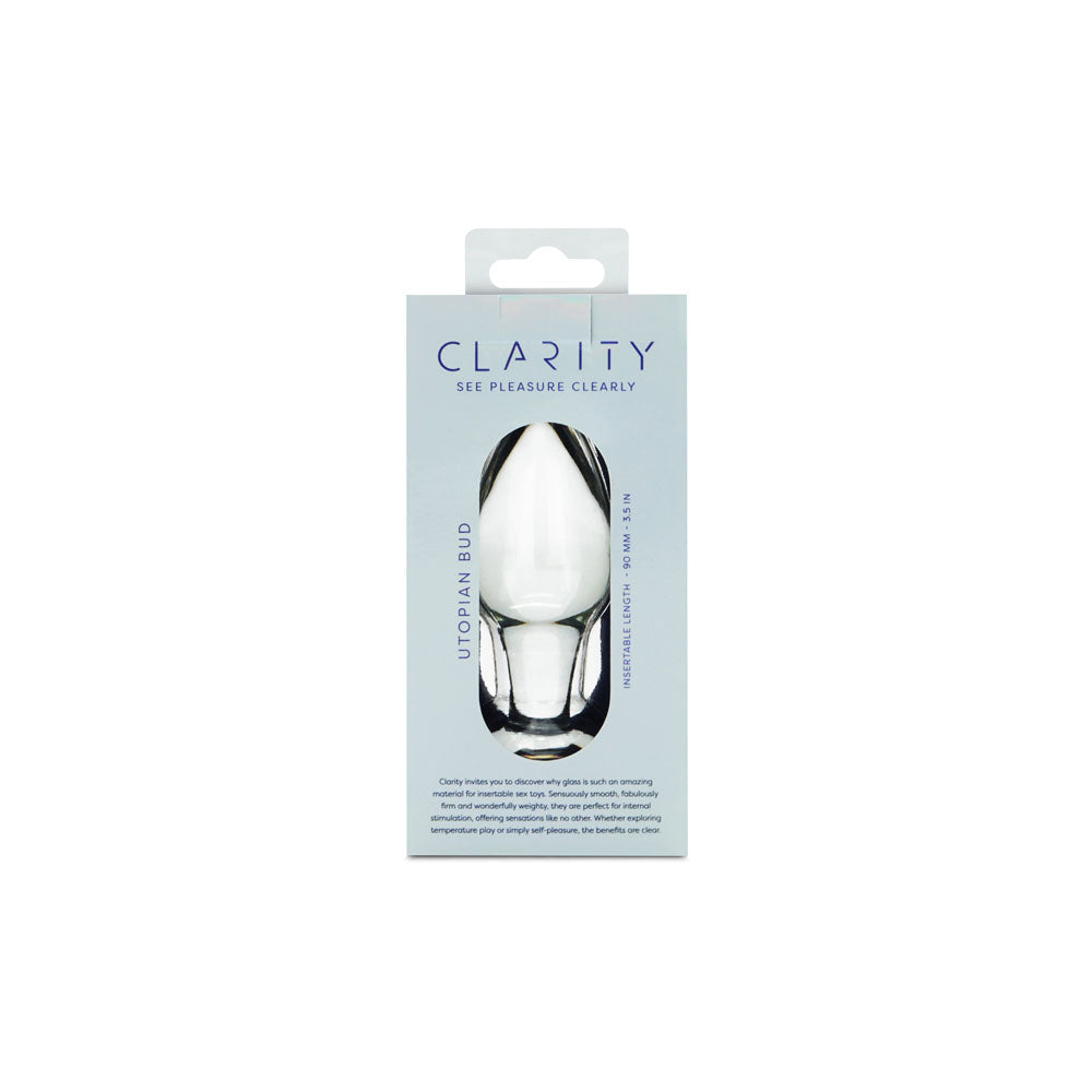 Clarity - Utopian Bud -  8.9 cm Glass Butt Plug packaging showcasing its elegant design and comfortable shape.
