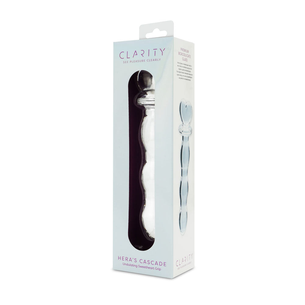Clarity - Hera's Cascade - 15 cm Glass Dildo packaging showcasing its elegant design and heart-shaped handle.