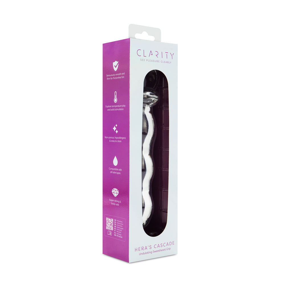 Clarity - Hera's Cascade - 15 cm Glass Dildo packaging showcasing elegant design and key features.