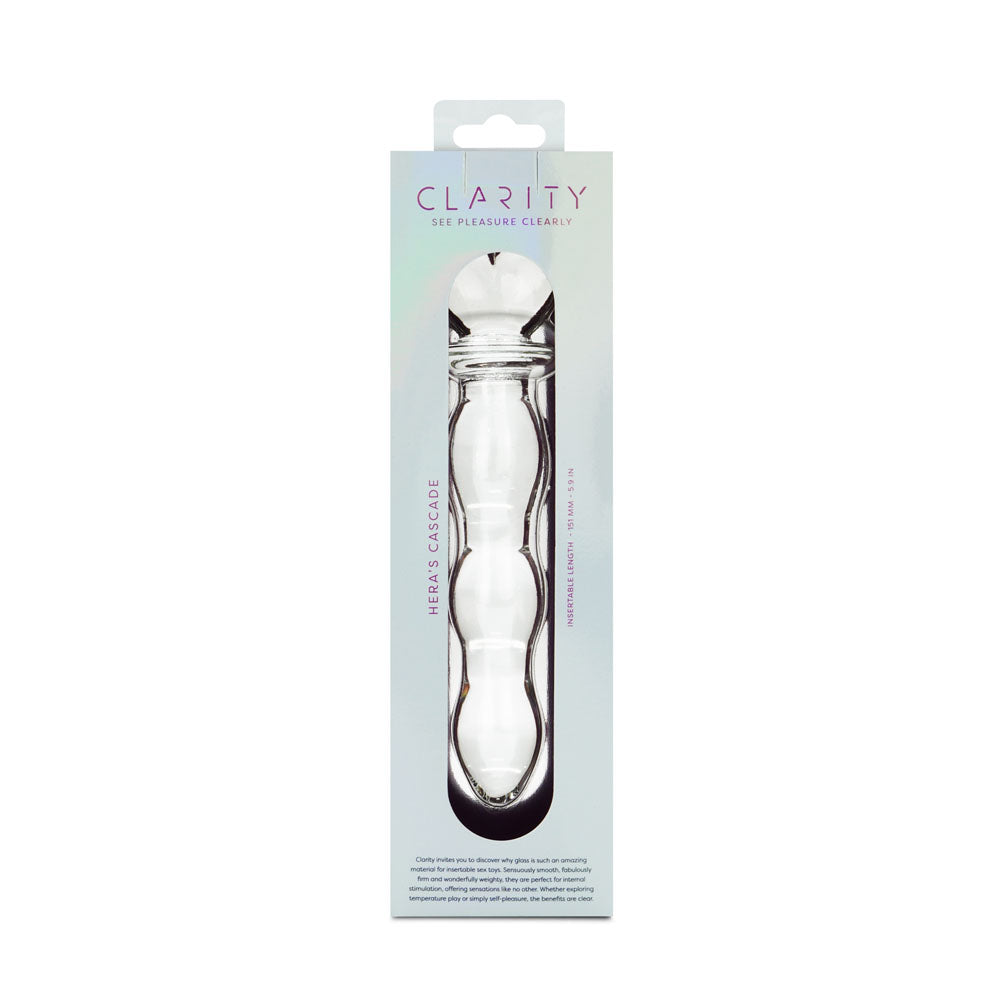 Clarity - Hera's Cascade - 15 cm Glass Dildo packaging showcasing elegant design and functionality.