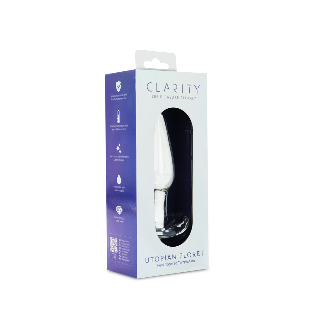 Clarity - Utopian Floret -  11 cm Glass Butt Plug packaging showcasing sleek design and elegant branding.