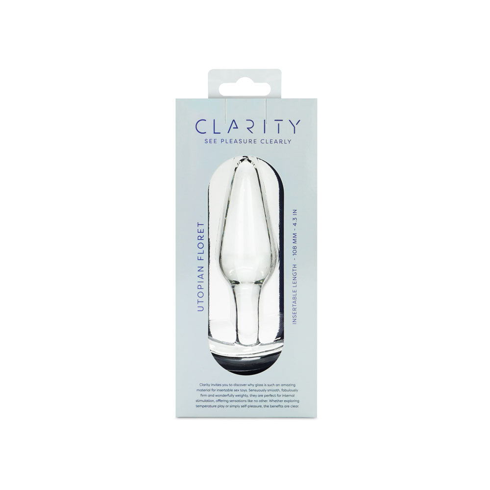 Clarity - Utopian Floret -  11 cm Glass Butt Plug packaging showcasing its elegant design and premium materials.