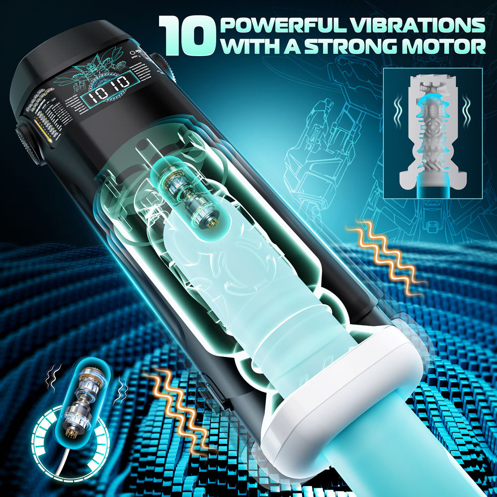 CyberSkin The Titan - USB Rechargeable Thrusting & Vibrating Auto Masturbator with Heater showing 10 powerful vibrations with strong motor.