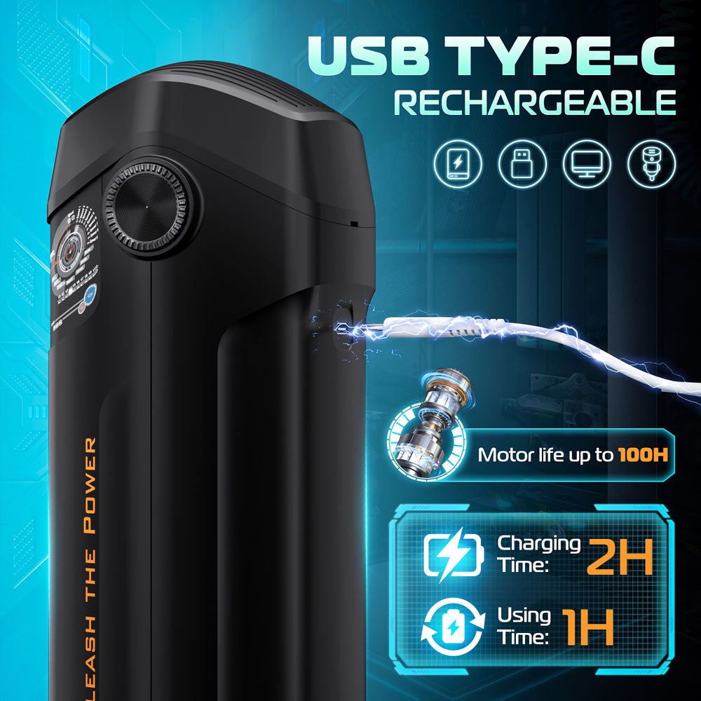 USB Type-C rechargeable design of CyberSkin The Titan - USB Rechargeable Thrusting & Vibrating Auto Masturbator with Heater.