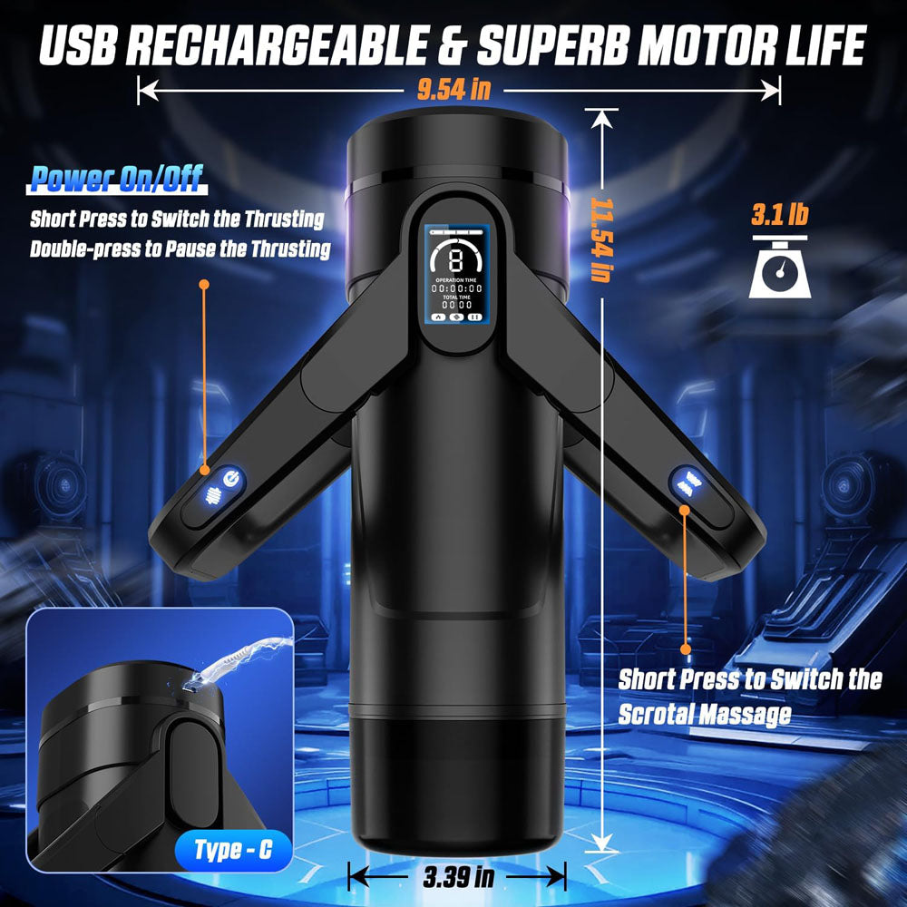 CyberSkin The Wing - USB Rechargeable Thrusting & Massaging Auto Masturbator with Heater features ergonomic wing handle and control panel.