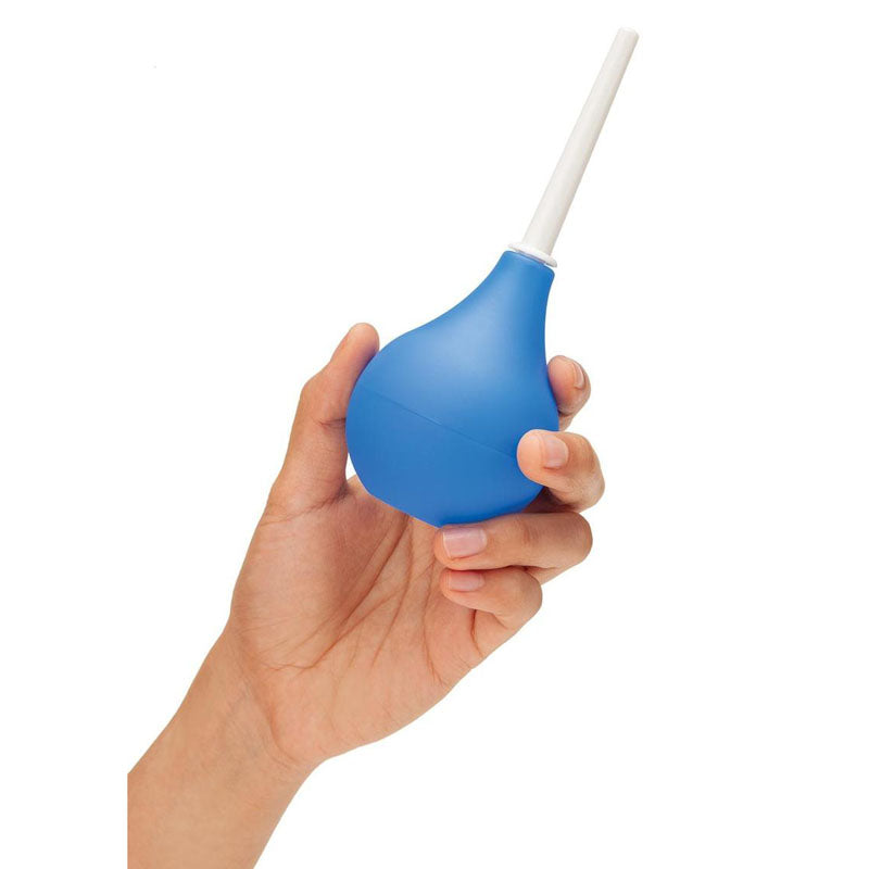 CleanScene 4 Piece Travel Bulb Douche Set - 90 ml Capacity with Bonus 150 ml Travel Douche in blue being held