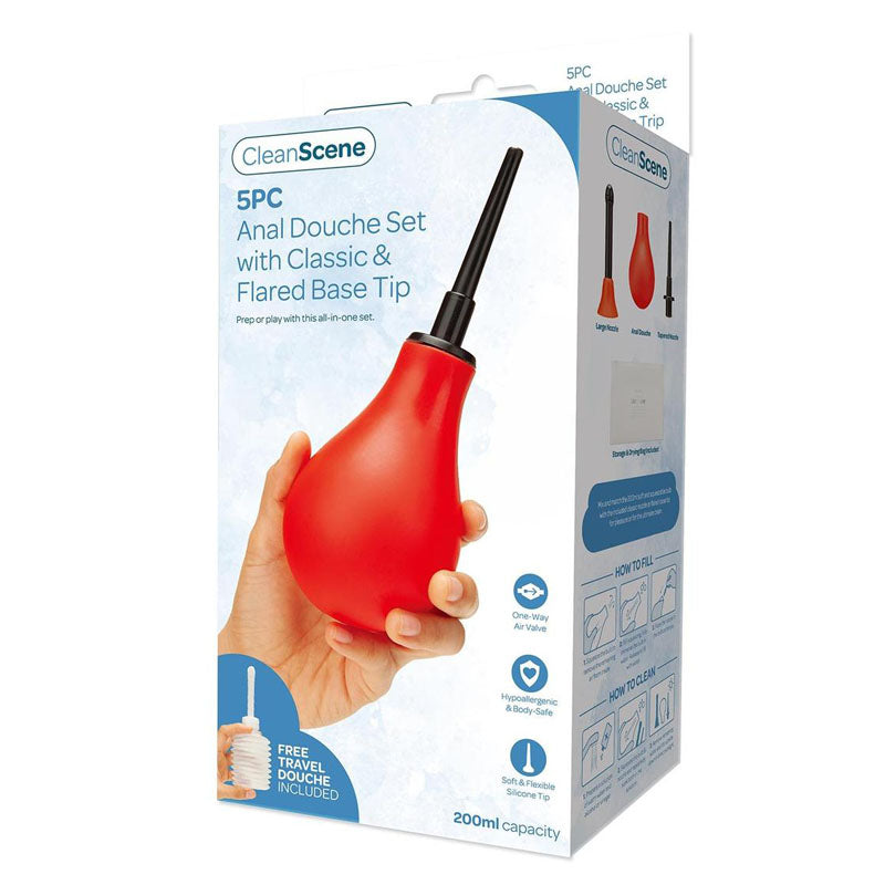 CleanScene 5 Piece Anal Douche Set with Classic & Flared Tips - 200 ml Capacity with Free Travel Douche Included packaging.