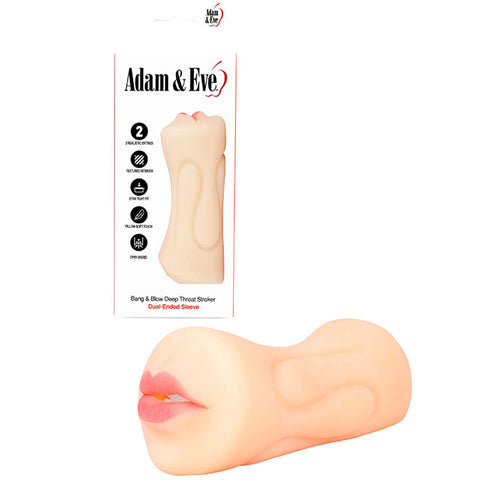 Adam & Eve Bang & Blow Deep Throat Stroker -  Vagina & Mouth Dual Ended Stroker with realistic mouth and vulva ends.