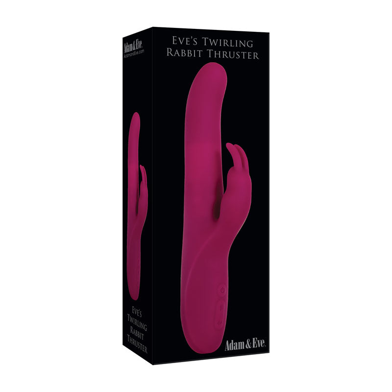 Adam & Eve Eve's Twirling Rabbit Thruster - 24.1 cm USB Rechargeable Thrusting Rabbit Vibrator packaging display.