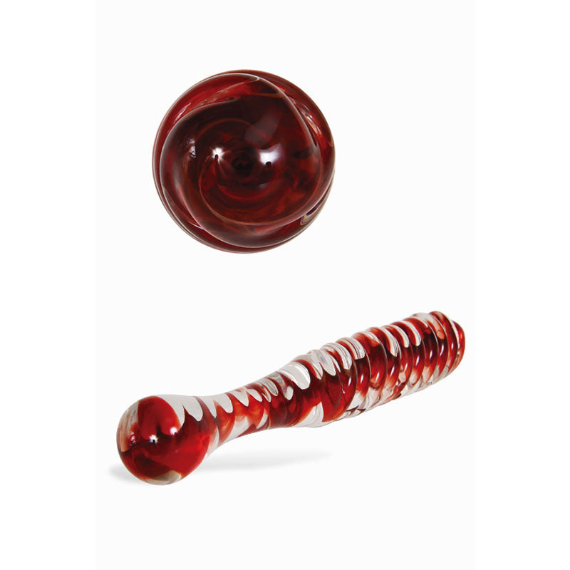 Adam & Eve Sweetheart Swirl Glass Dildo - /Red Glass 22 cm Dildo showcasing dual-ended design and swirling textures.