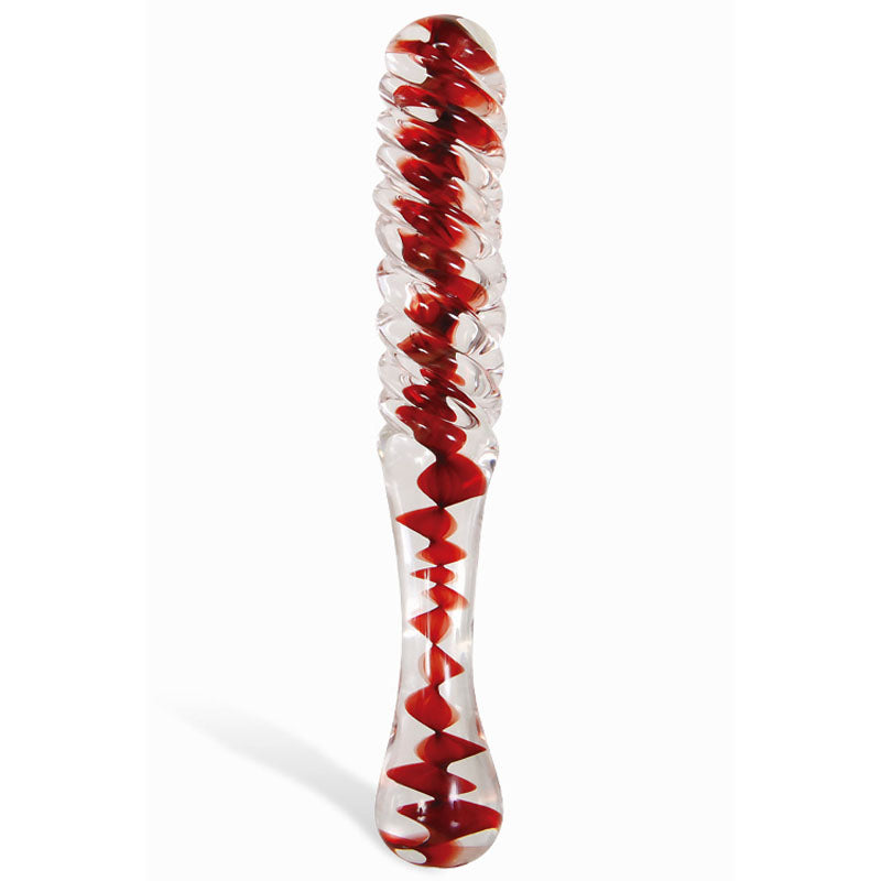 Adam & Eve Sweetheart Swirl Glass Dildo - /Red Glass 22 cm Dildo showcasing its unique swirl design.