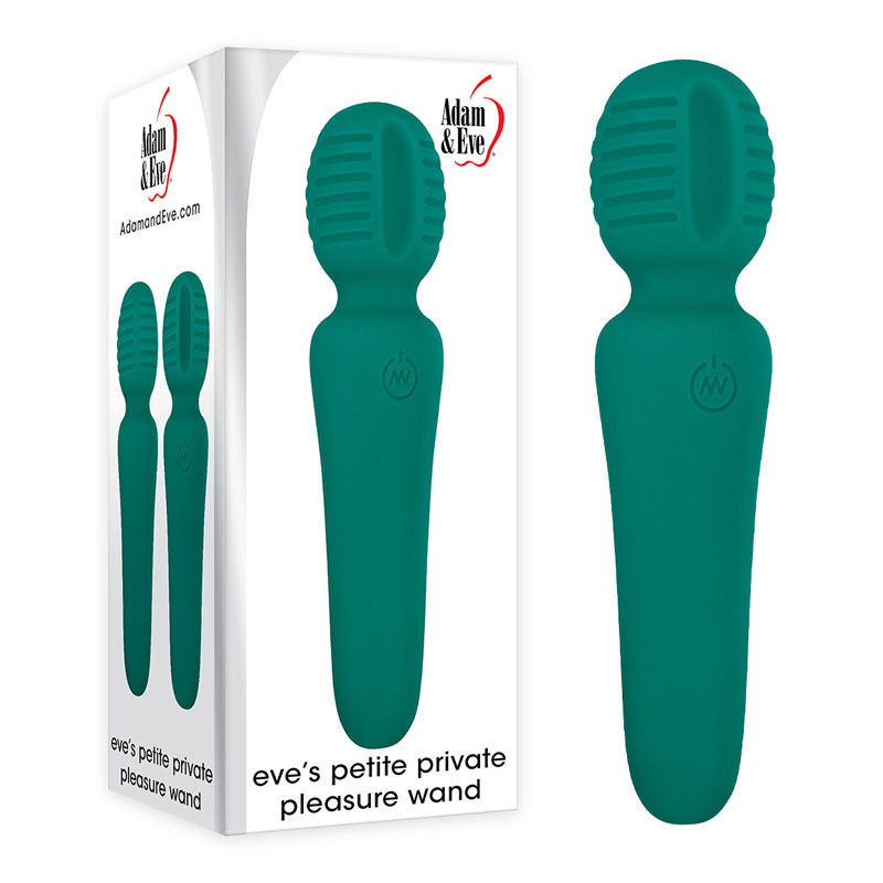 Adam & Eve Petite Private Pleasure Wand -  14.8 cm USB Rechargeable Massager Wand packaging with smooth silicone design.