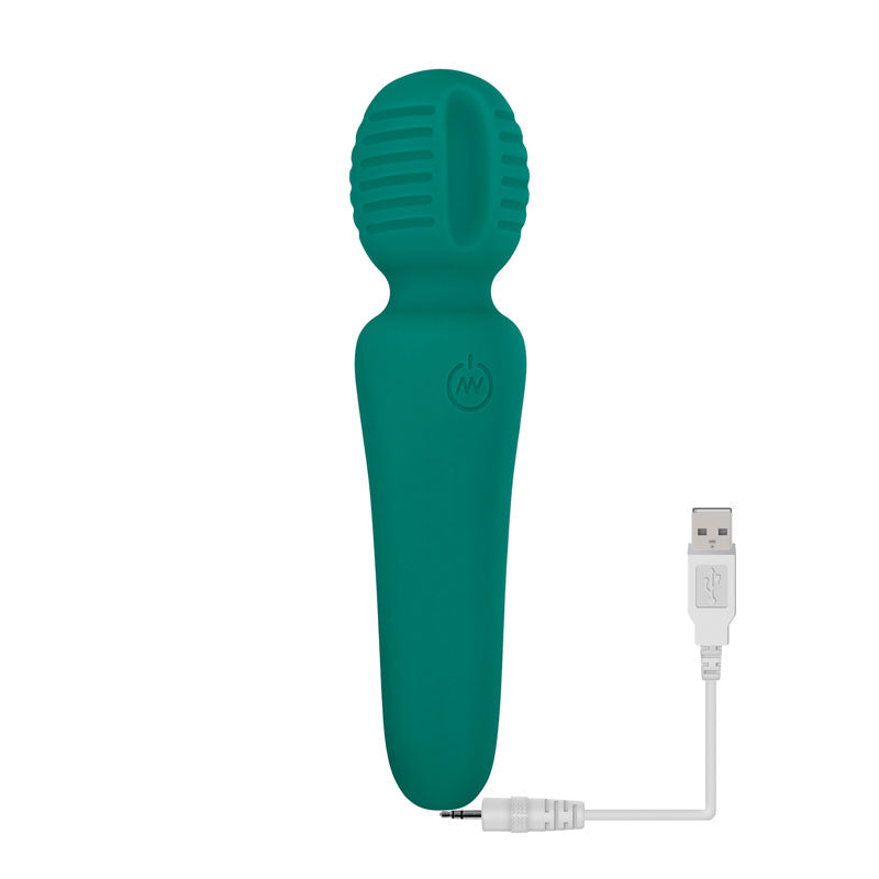 Adam & Eve Petite Private Pleasure Wand - 14.8 cm USB Rechargeable Massager Wand in teal color with charging cable.