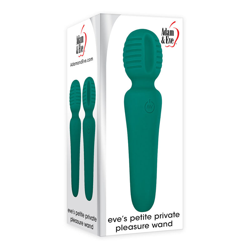 Adam & Eve Petite Private Pleasure Wand - 14.8 cm USB Rechargeable Massager Wand packaging image featuring textured mini wand.