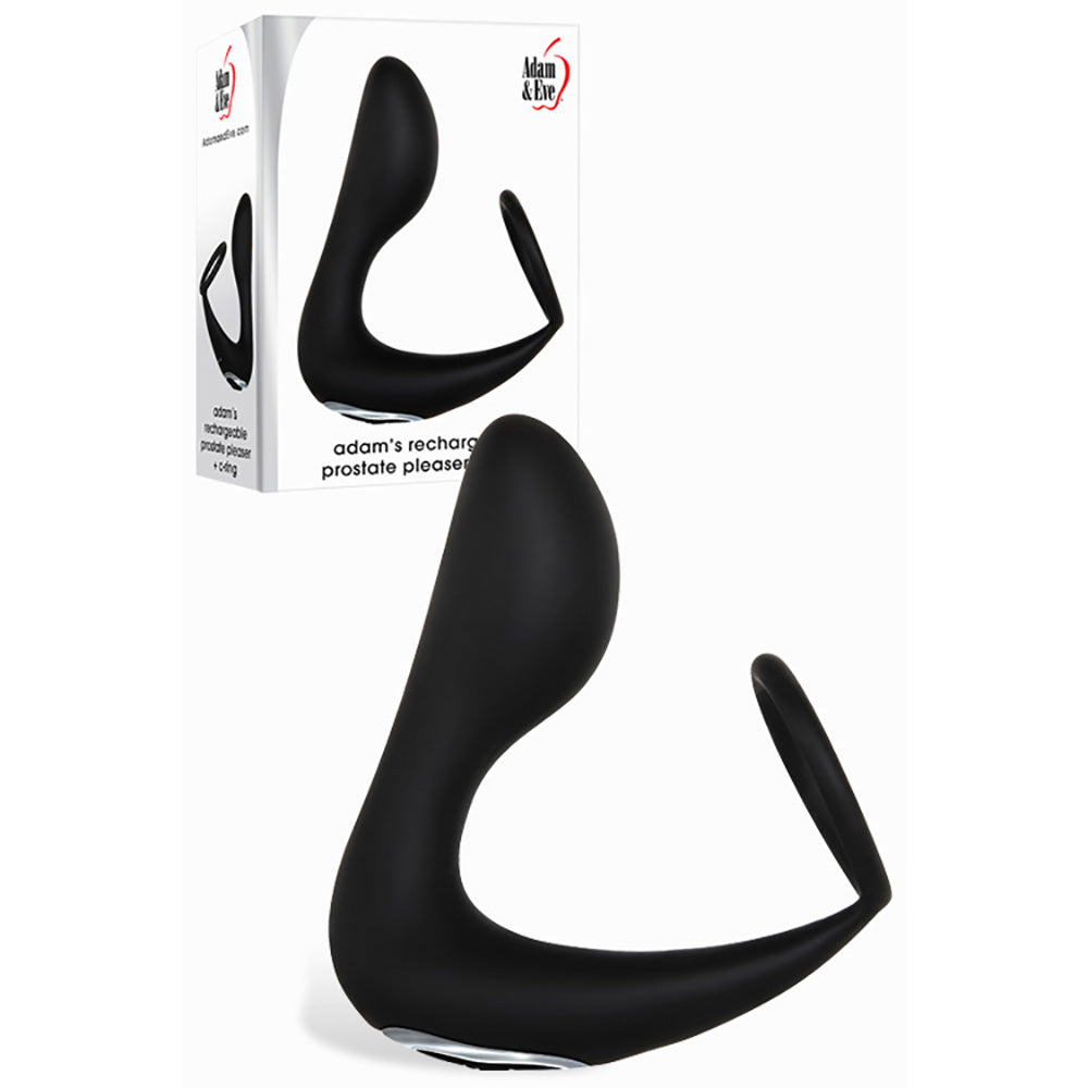 Adam & Eve Adam's Rechargeable Prostate Pleaser & C-Ring - USB Rechargeable Anal Plug with Cock Ring on display.