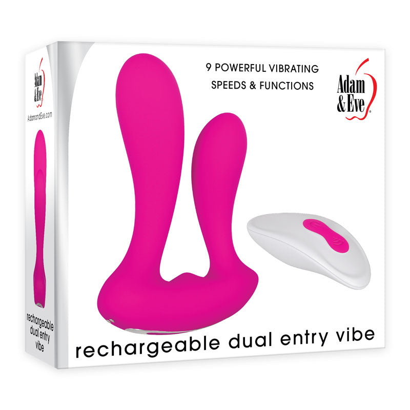 Adam & Eve Rechargeable Dual Entry Vibe -  USB Rechargeable Vibrator with Remote Control packaging with description of features.