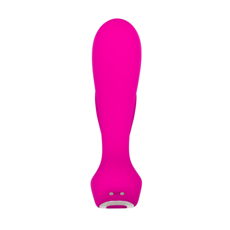 Adam & Eve Rechargeable Dual Entry Vibe -  USB Rechargeable Vibrator with Remote Control in bright pink color.