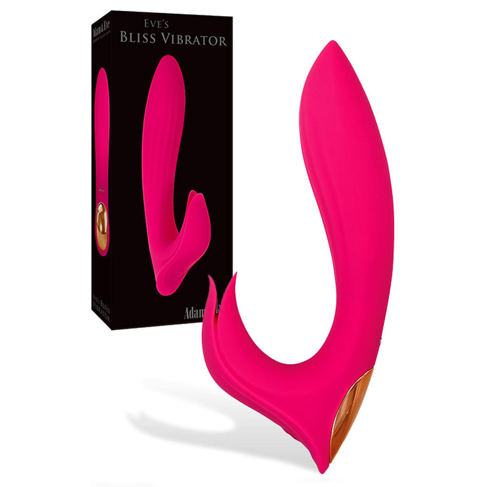 Adam & Eve EVES BLISS VIBRATOR, a rabbit vibrator with clitoral stimulation, featuring a flexible silicone shaft and flower-shaped stimulator.
