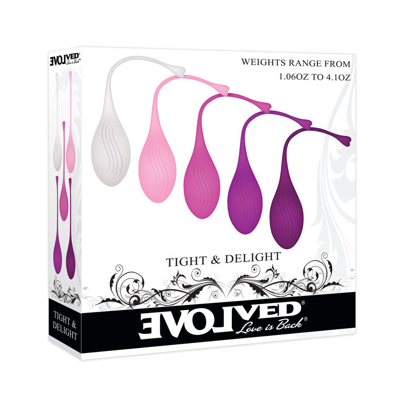 Evolved TIGHT & DELIGHT - Kegel Trainer Set - 5 Piece Kit with colorful kegel balls for pelvic floor strengthening.