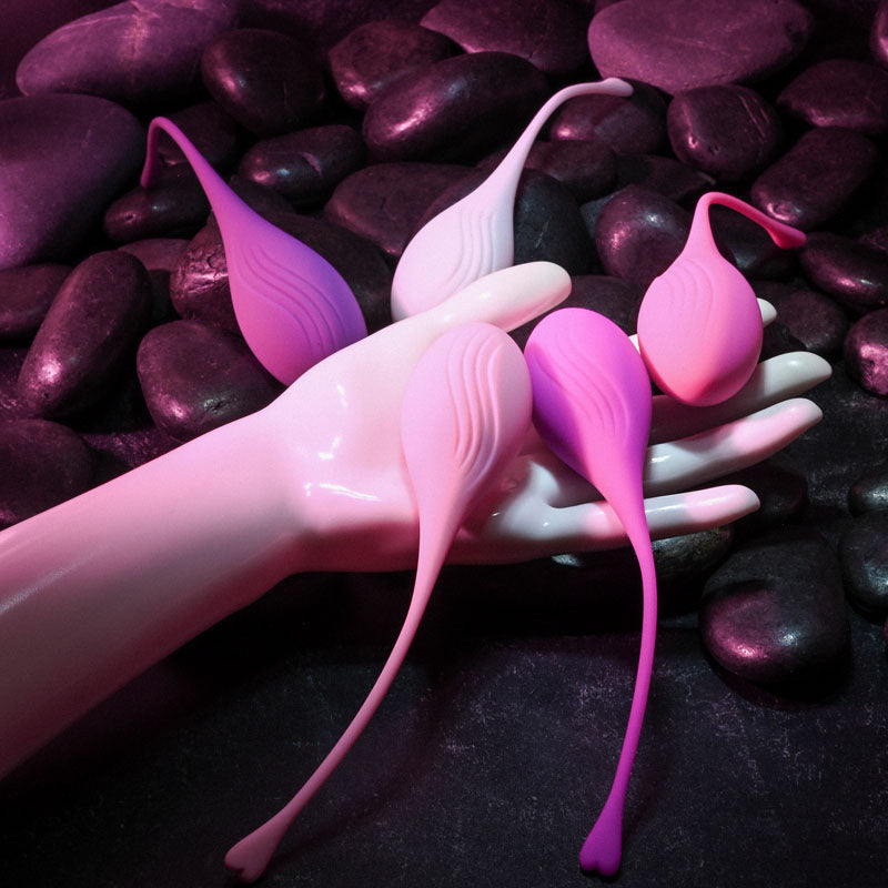 Evolved TIGHT & DELIGHT - Kegel Trainer Set - 5 Piece Kit displayed on a hand among dark stones, emphasizing intimate essentials for her.
