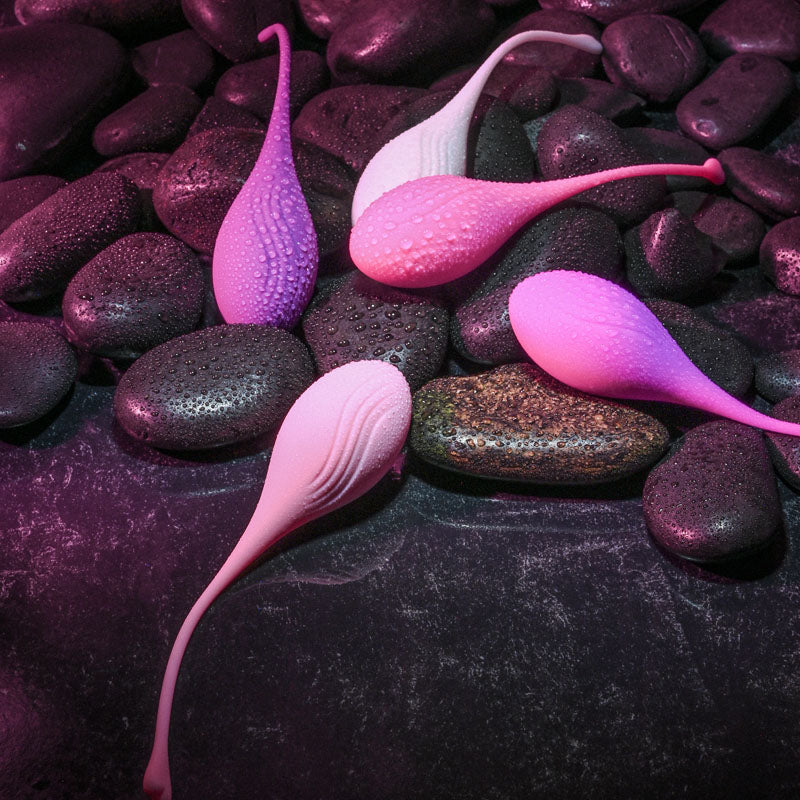 Evolved TIGHT & DELIGHT - Kegel Trainer Set - 5 Piece Kit displayed on smooth stones, highlighting intimate essentials for her.