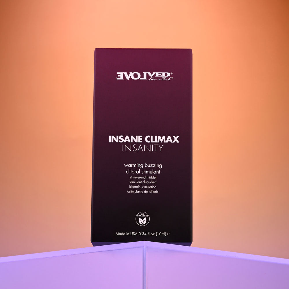 Evolved INSANE CLIMAX - INSANITY - Warming Buzzing Clitoral Stimulation Gel - 10 ml product packaging on display