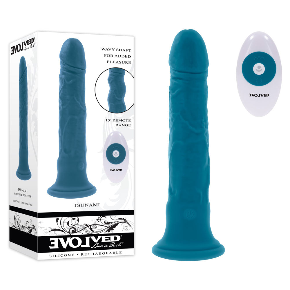 Evolved TSUNAMI - 18.4 cm USB Rechargeable Vibrating Dong with Remote Control showcasing wavy shaft design and packaging.