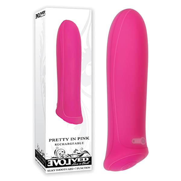 Evolved Pretty In  -  8.6 cm (3.4'') USB Rechargeable Bullet in pink packaging and product display.