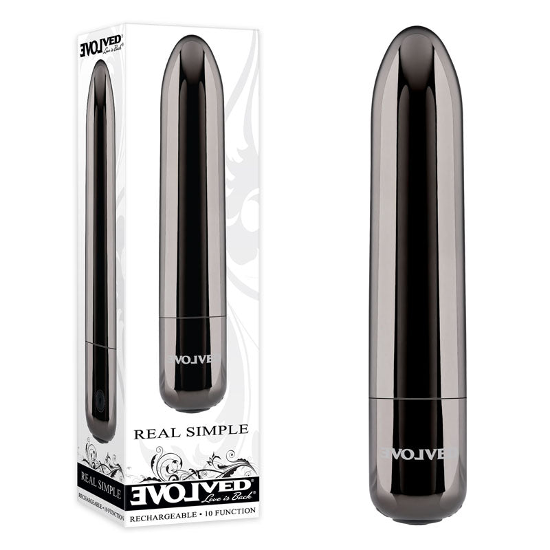 Evolved REAL SIMPLE - Black 10 cm USB Rechargeable Bullet showcasing sleek design and powerful functions.