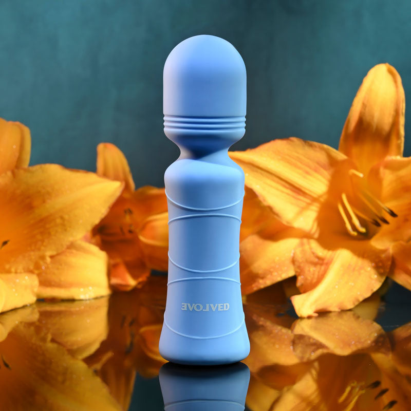 Evolved Out Of The  -  10.5 cm USB Rechargeable Mini Massager Wand with floral background.
