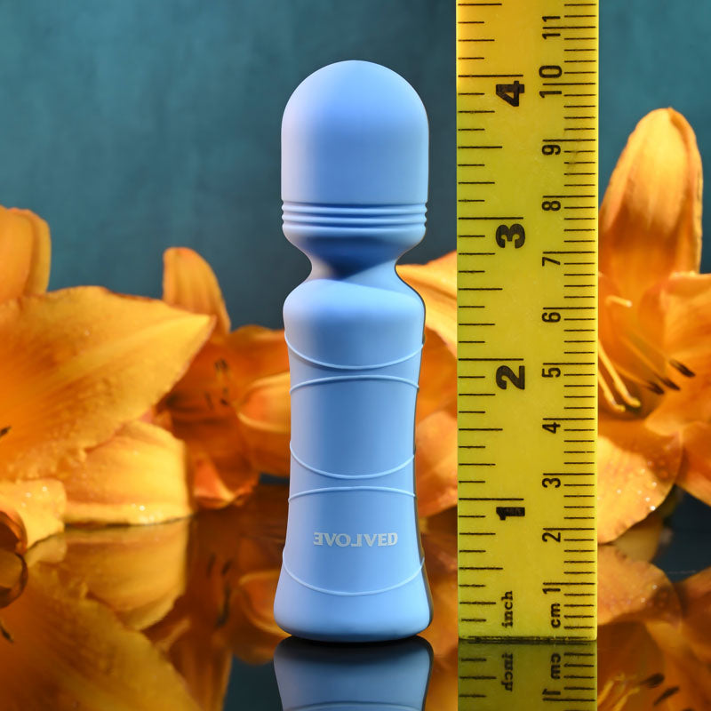 Evolved Out Of The  -  10.5 cm USB Rechargeable Mini Massager Wand next to a ruler for size comparison.