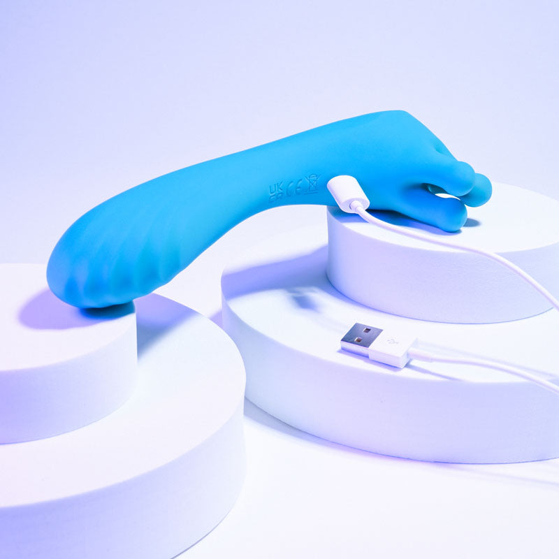 Evolved HEADS OR TAILS - Blue 19.3 cm USB Rechargeable Dual Ended Massager on white pedestals with charging cable.