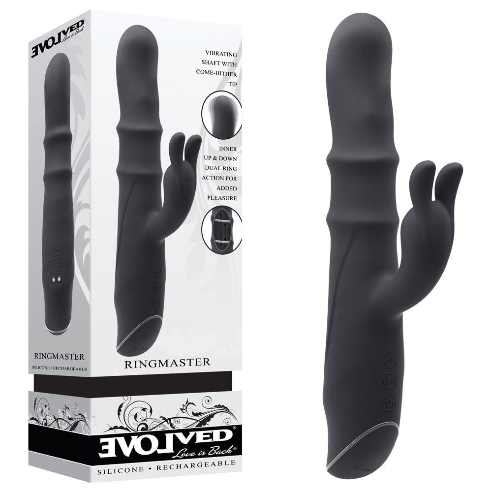 Evolved RINGMASTER - 23.1 cm USB Rechargeable Rabbit Vibrator in black with box packaging and control panel.