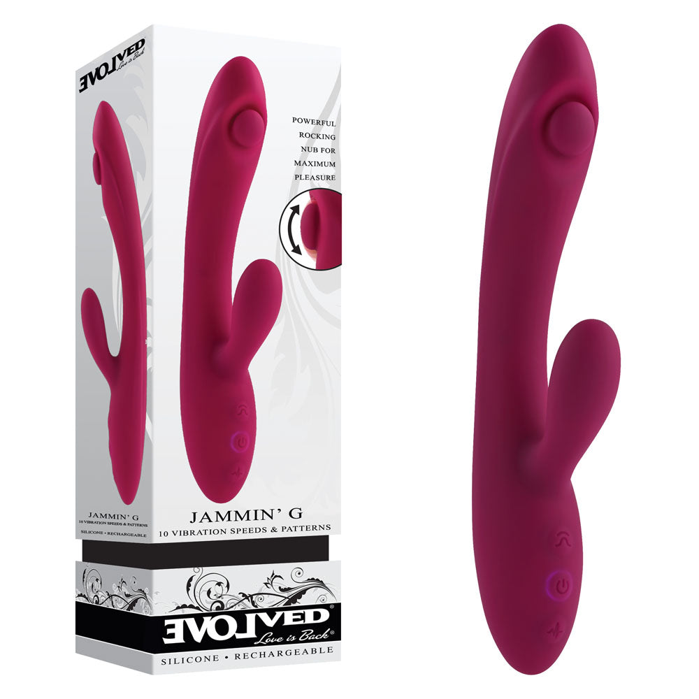 Evolved JAMMIN' G - Burgundy 20.1 cm USB Rechargeable Rabbit Vibrator with 10 speeds and patterns for intense pleasure.