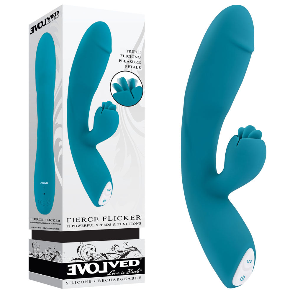 Evolved FIERCE FLICKER - a USB rechargeable rabbit vibrator showcasing an ergonomic design and multiple speeds.