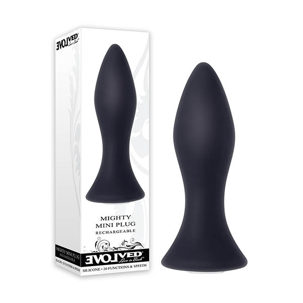 Evolved Mighty Mini Plug -  8.9 cm (3.5'') USB Rechargeable Butt Plug in sleek black silicone packaging.