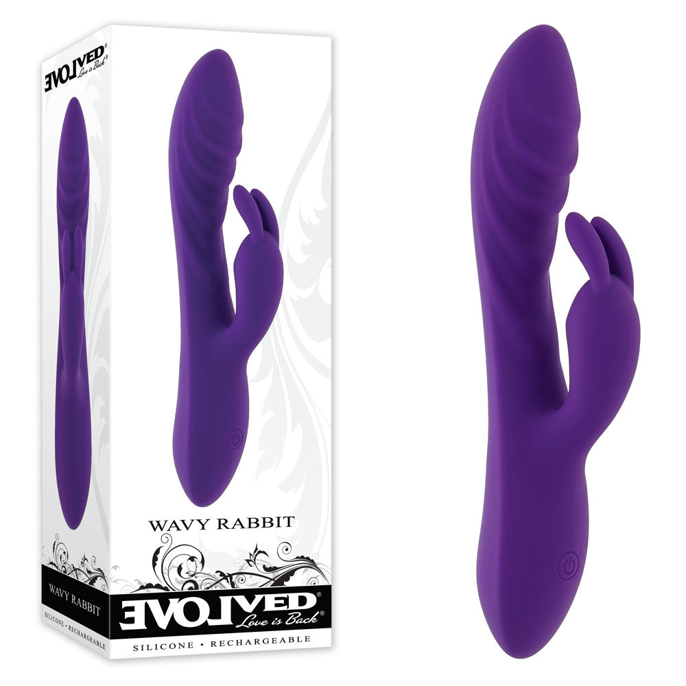 Evolved WAVY RABBIT - 20.6 cm USB Rechargeable Rabbit Vibrator in purple with box, designed for pleasure and intimacy.