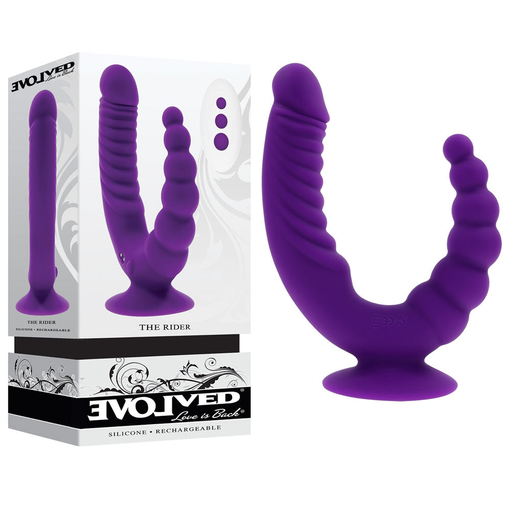 Evolved THE RIDER - USB Rechargeable Double Ended Vibrator with Wireless Remote on display with packaging.