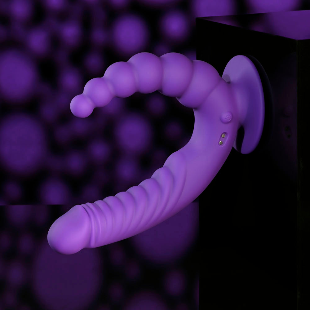 Evolved THE RIDER -  USB Rechargeable Double Ended Vibrator with Wireless Remote in purple color with textured shaft.