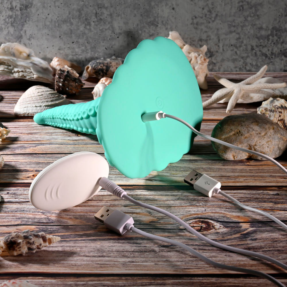 Evolved TENTACLE GRINDER - USB Rechargeable Fantasy Grinder Pad with Wireless Remote and charging cables on a rustic wood background.