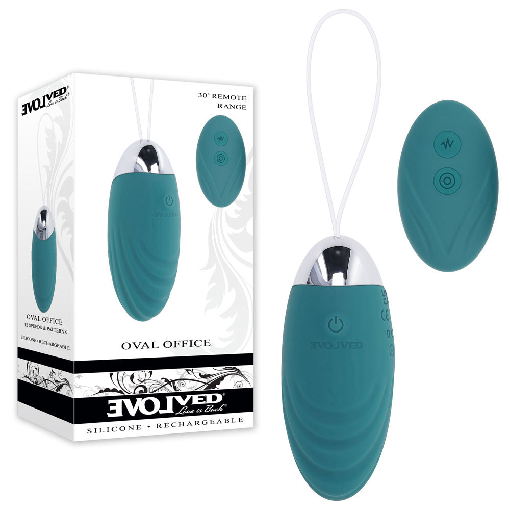 Evolved OVAL OFFICE remote control vibrating egg with remote and packaging, 8.5 cm USB rechargeable design.