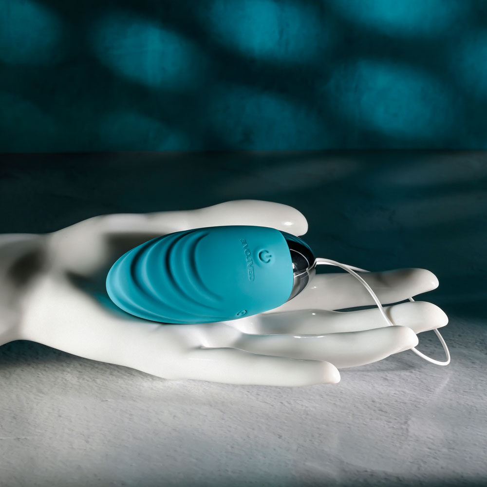 Evolved OVAL OFFICE -  8.5 cm USB Rechargeable Wireless Egg with Remote Control on a hand, showcasing its sleek design.