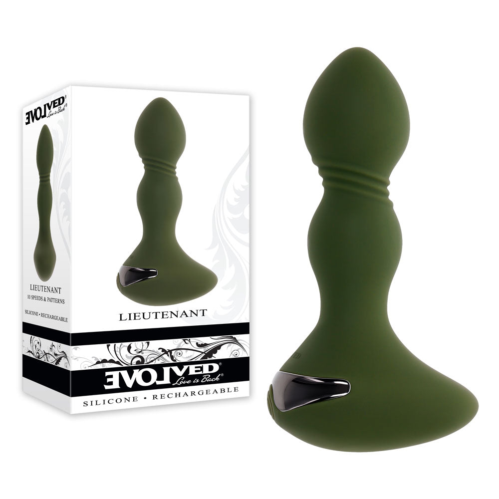 Evolved LIEUTENANT - 12.2 cm USB Rechargeable Vibrating Butt Plug in green silicone next to its packaging.