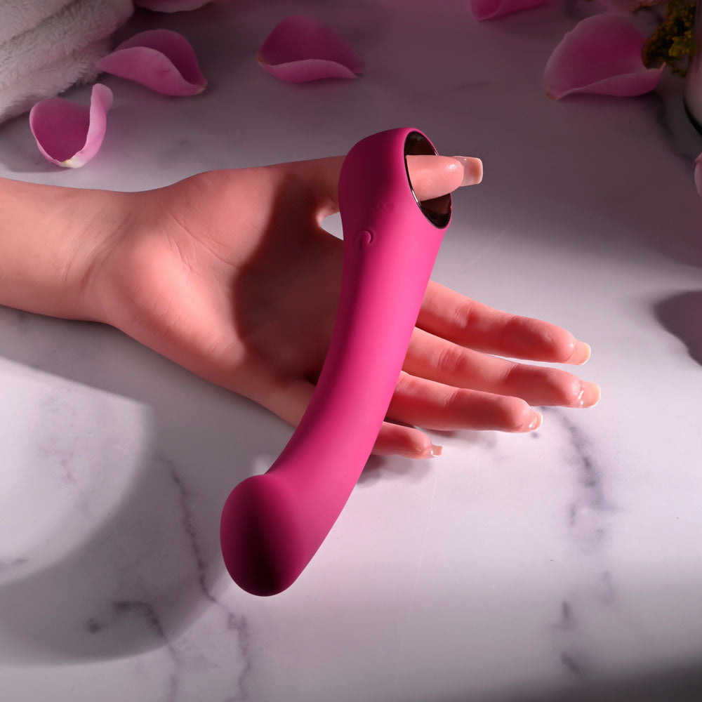 Evolved PLEASURE CURVE - 19 cm USB Rechargeable Vibrator in hand, showcasing intimate essentials for her.